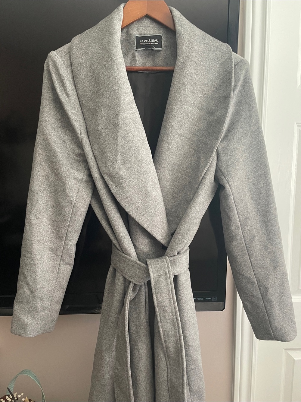 le chateau Wool Long Grey Coat with Tie Belt